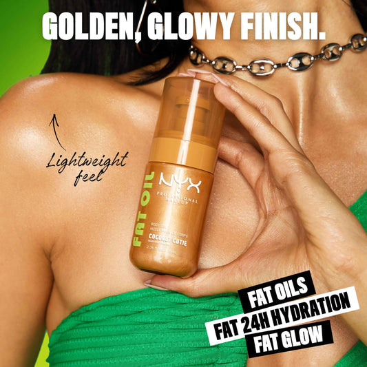 NYX Professional Makeup Fat Oil Body Oil, 24 HR Hydration, Gold Glowy Finish, Non-Sticky High-Shine Vegan Formula, Shimmering Luminous Skin, Coconut Cutie: Coconut & Peach Scent, 70 ml 🍁 All In One Marketplace Canada
