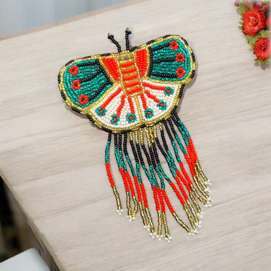 Butterfly Beaded Barrettes with Fringes Green & White
