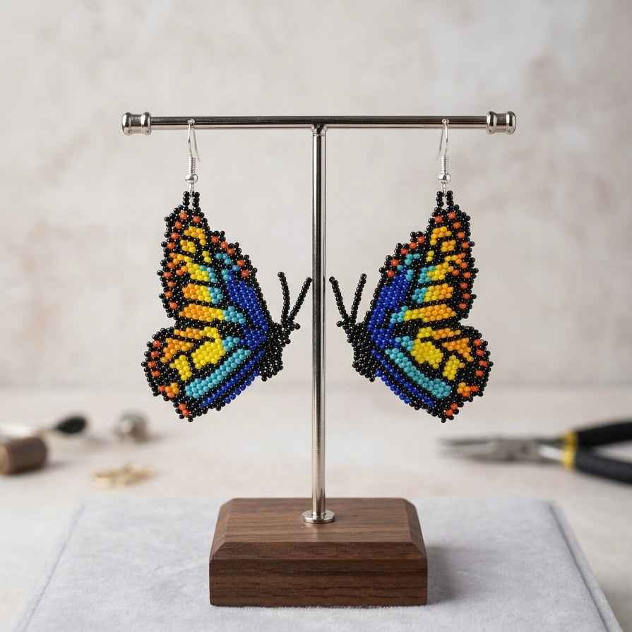 Blue Beaded Butterfly Wing Earrings