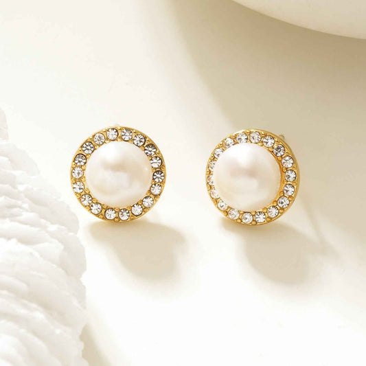 CACIA Gold: Mini Stud Earrings with Freshwater Pearl & Pavé Zirconia Border