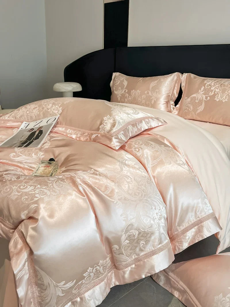 Celestia Satin Jacquard Luxury Duvet Set - Ivory/Light Grey/Blush