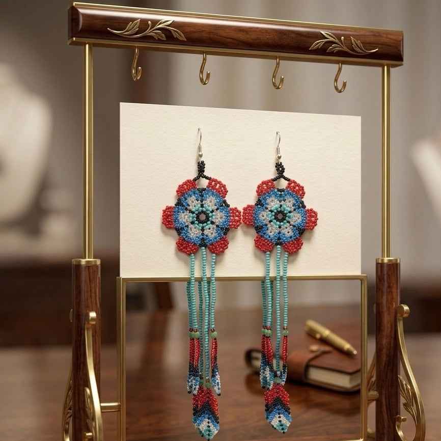 Sun Feather Bloom Beaded Earrings- black/turquoise
