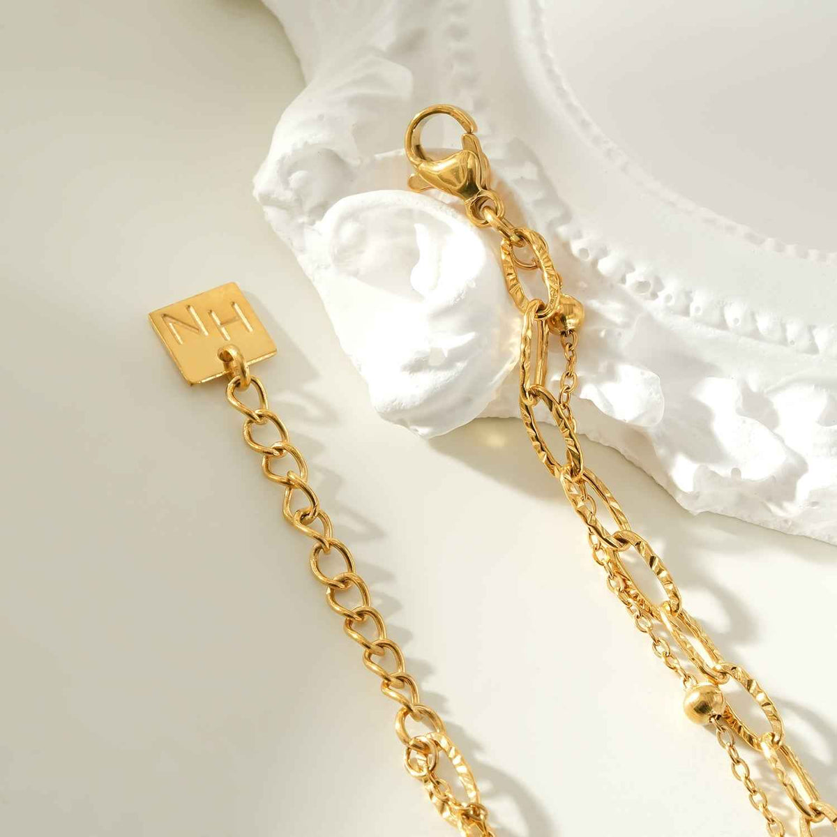 CASTILA Gold Bracelet: Double Stacked Paper Clip Chain & Beaded Chain - Dazzle in Duality