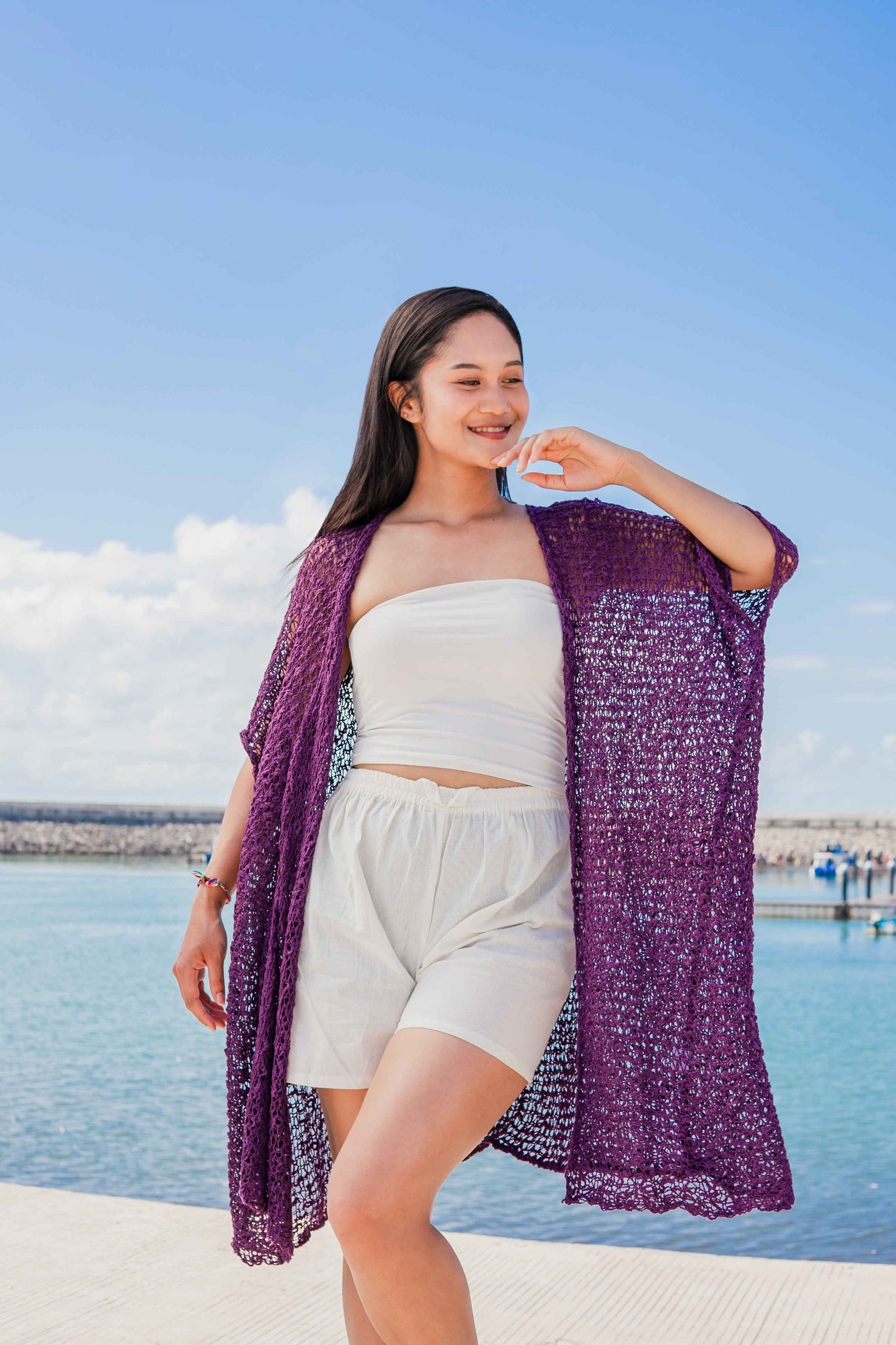 Mid Length Popcorn Knit Kimono - Purple