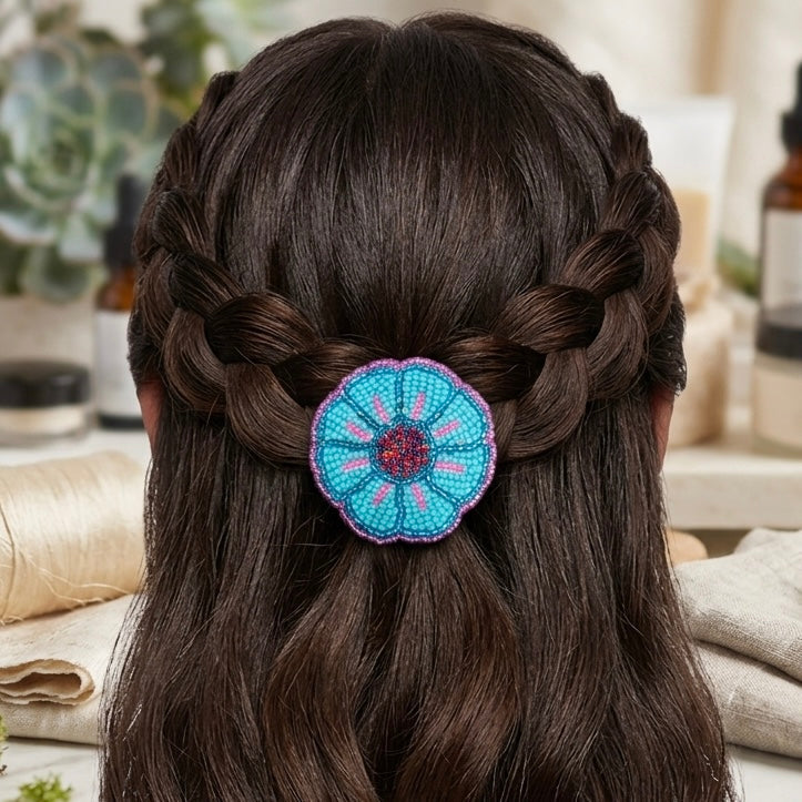 Blue Beaded Flower Barrette
