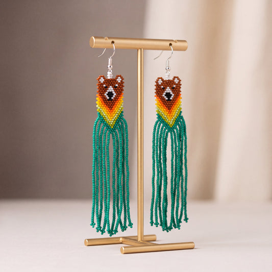 Red - Green Native Bear Beaded Earrings