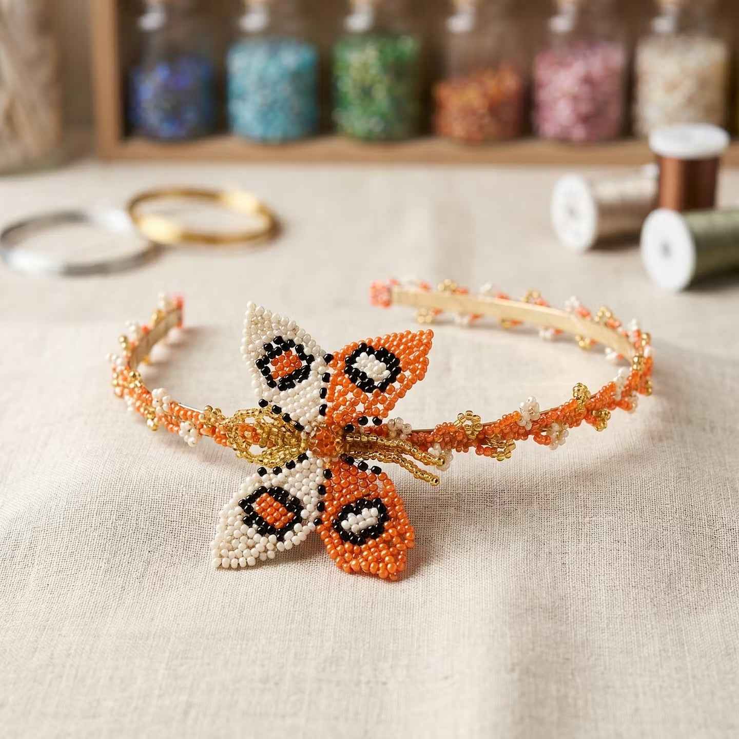 Beaded Headband with Butterfly Orange & White
