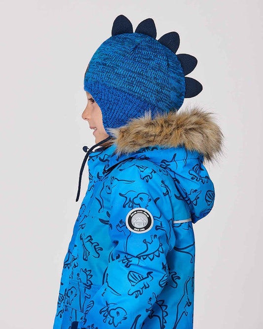 Lined Dino Peruvian Knit Winter Hat With Pompom Blue