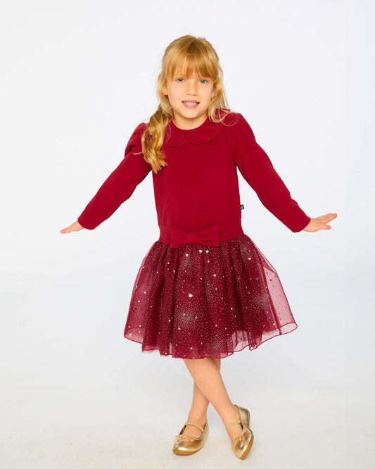 Bi-Material Dress With Glittering Skirt Red