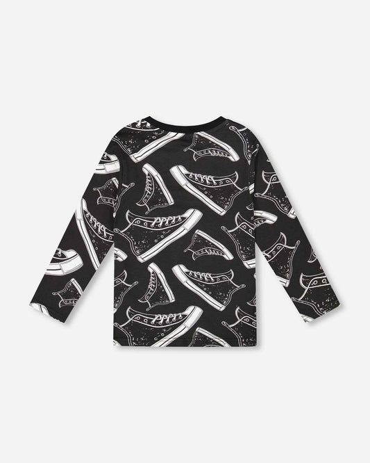 Long Sleeve Organic Cotton Allover Print Tee Black
