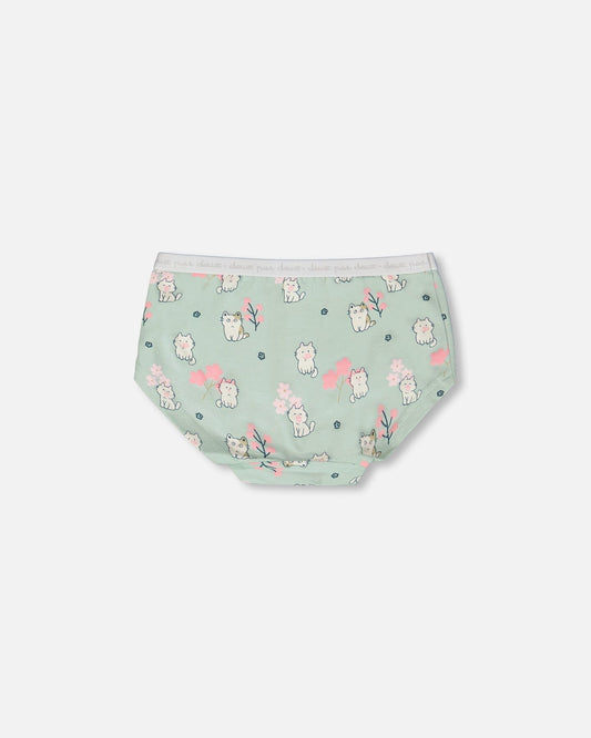 Organic Cotton Boyshort Panty Green Kitten Print