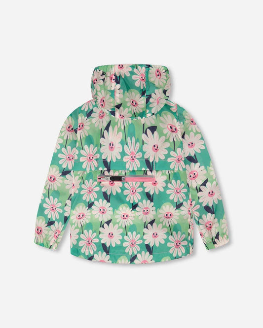 Packable Windbreaker In Polyester Green Smiling Flower Print