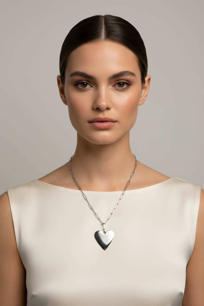 Short Chainlink Heart Pendant Necklace - Grey Stainless Steel
