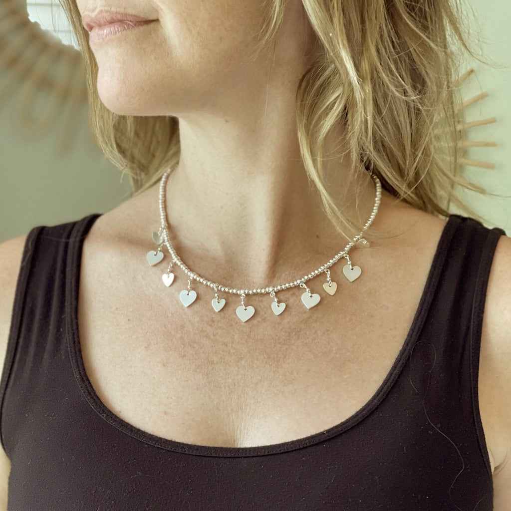 Silver Plate Short Charm Necklace With Drop Hearts