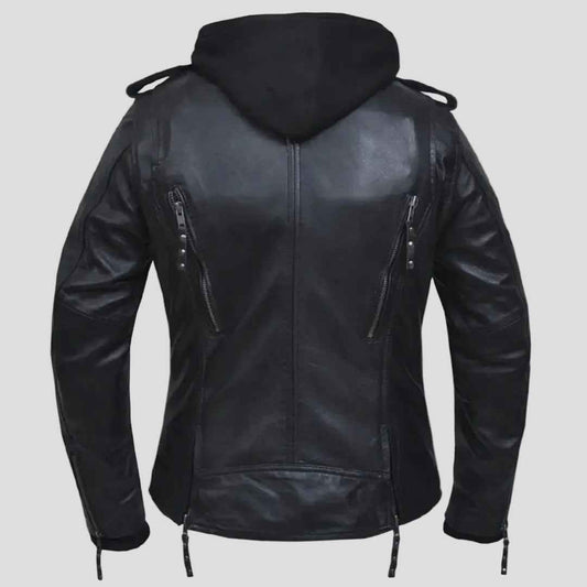 Open Road Women's Hooded Classic Leather Motorcycle Jacket