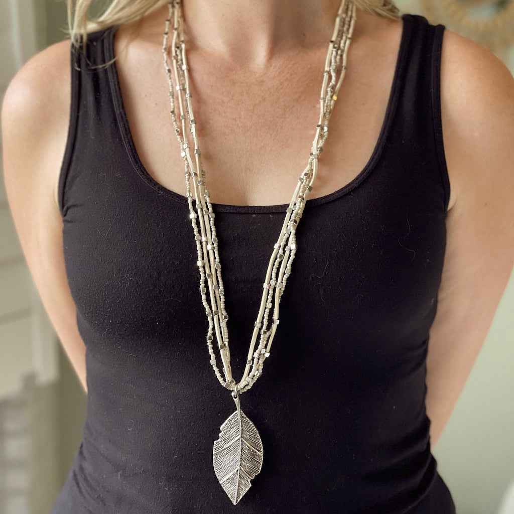 Suede & Beaded Necklace with Leaf Pendant