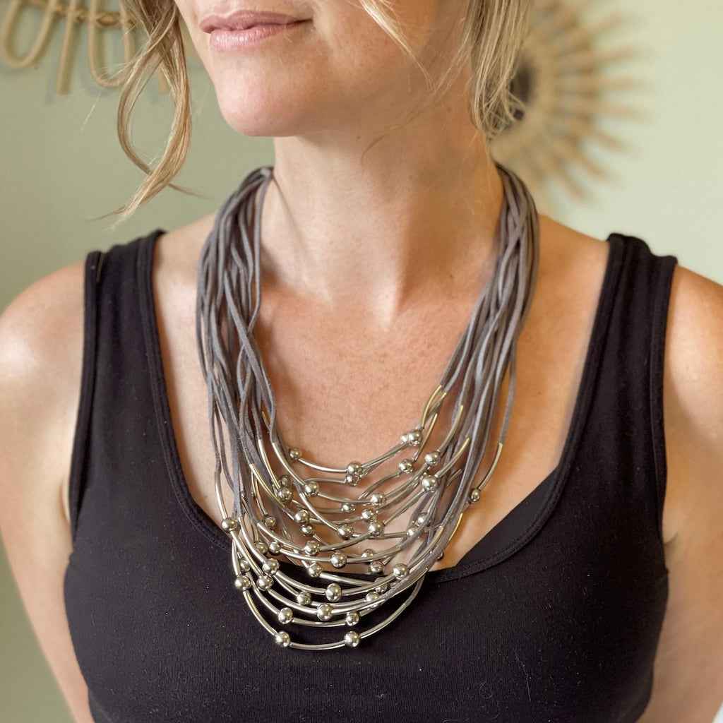 Silver Tube & Ball Necklace On Suede