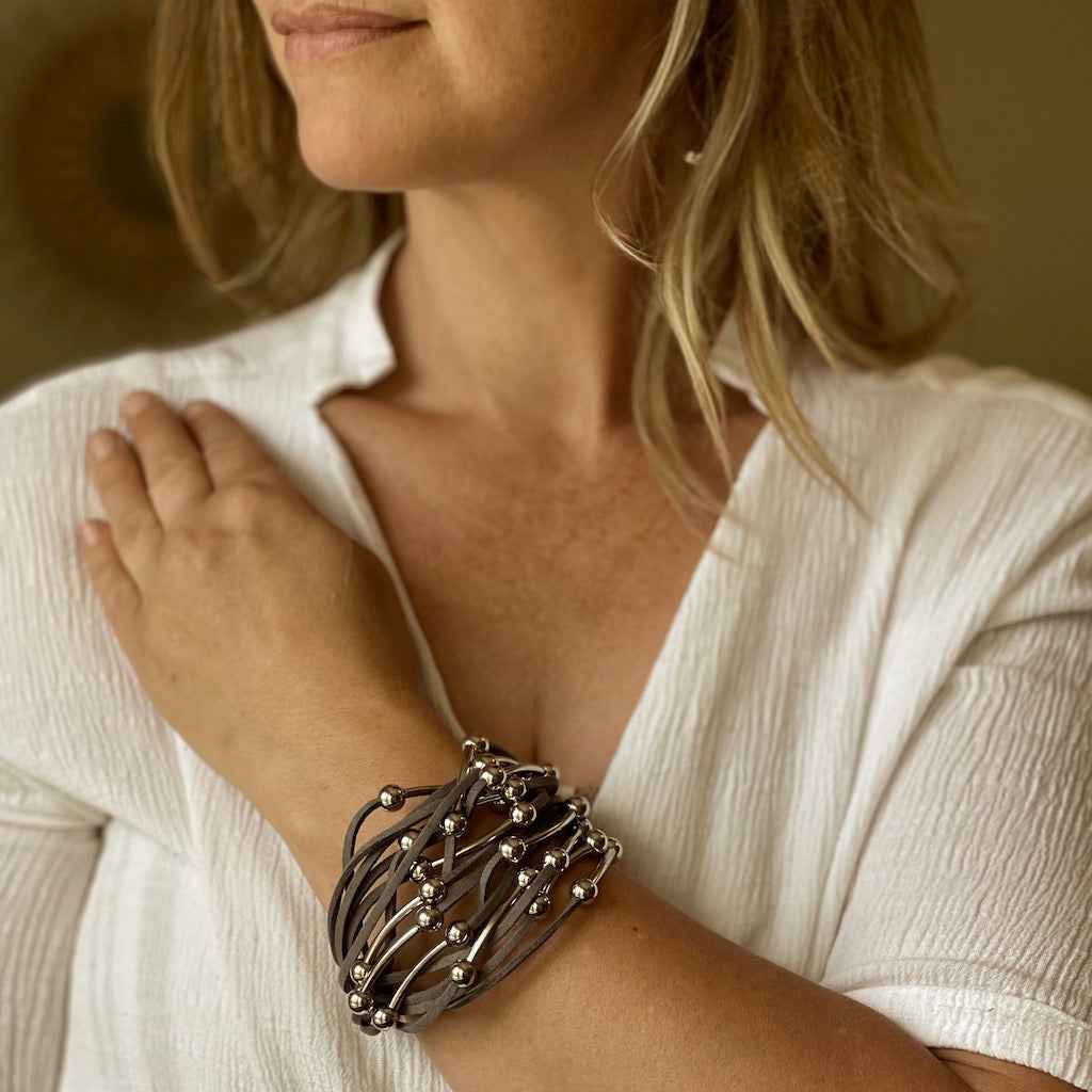 Silver Tube & Ball Bracelet On Suede