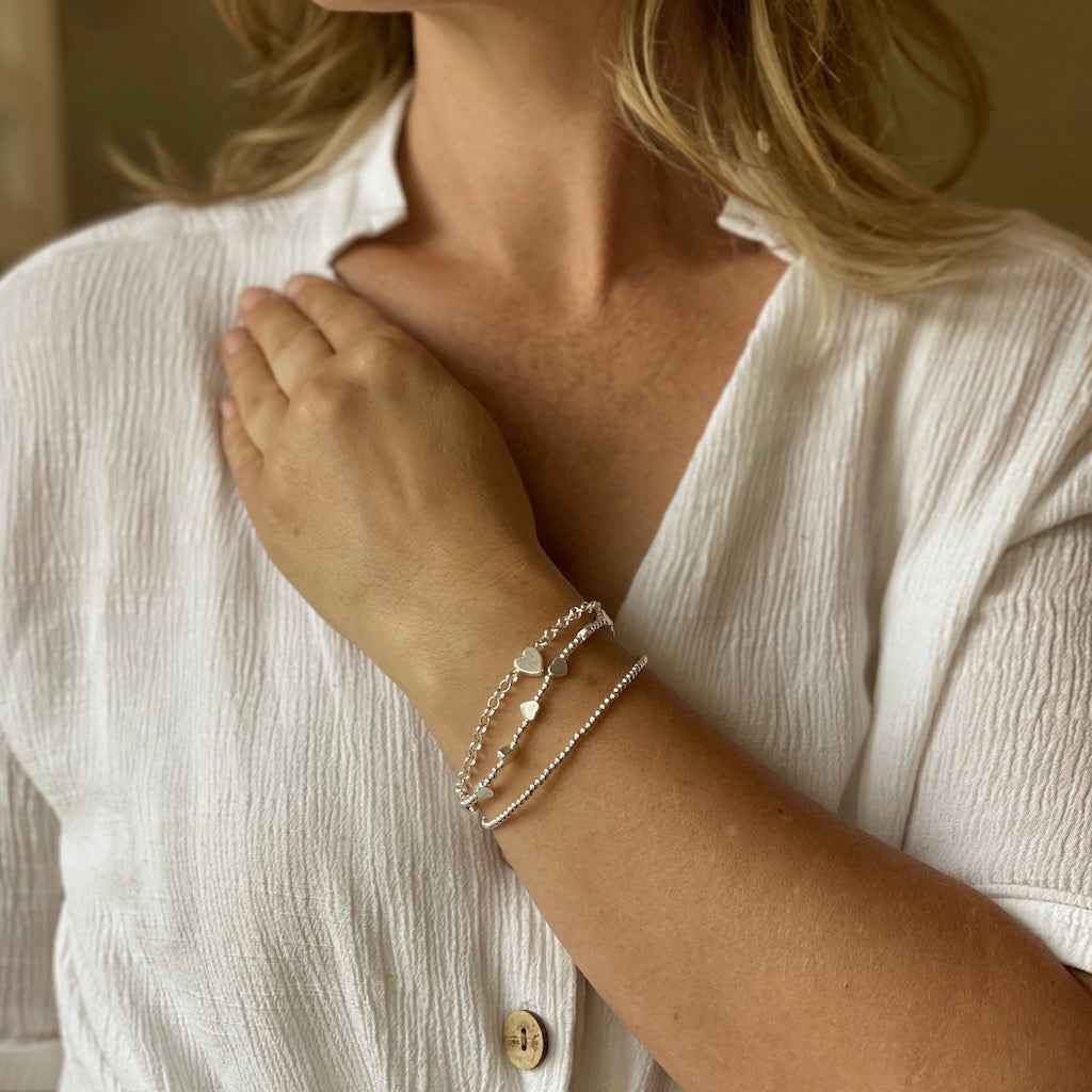Silver Plate Multi Strand Heart Charm Bracelet With T-Bar