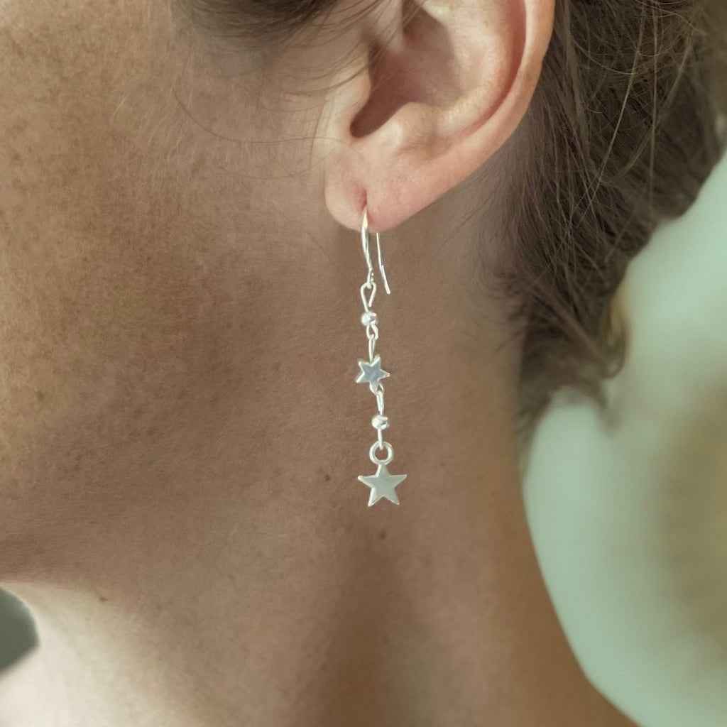 Silver Plate Double Drop Star Charm Earrings