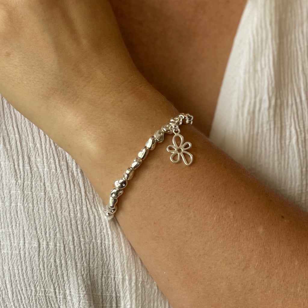 Flower Charm Nugget Bracelet in Silver Plate