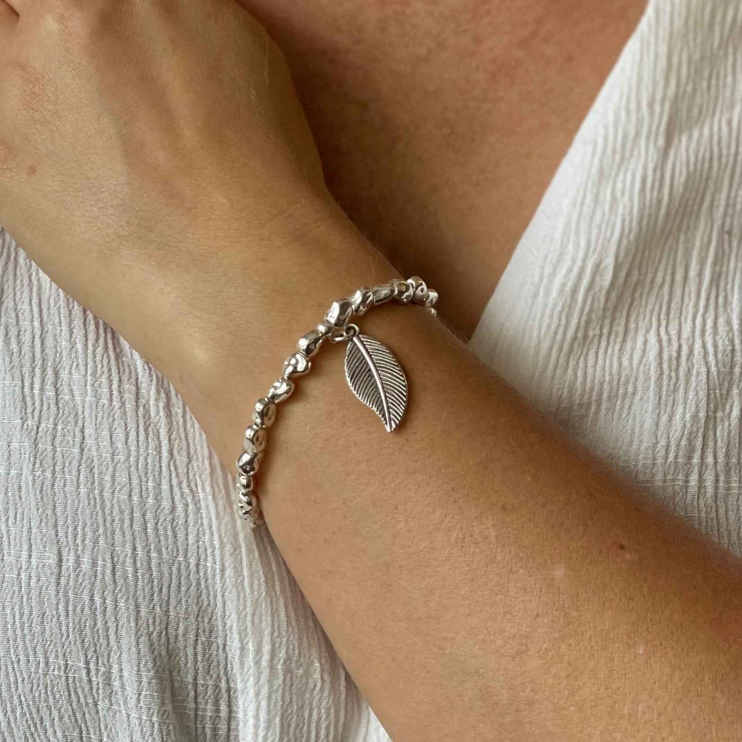 Leaf Charm Nugget Bracelet in Silver Plate