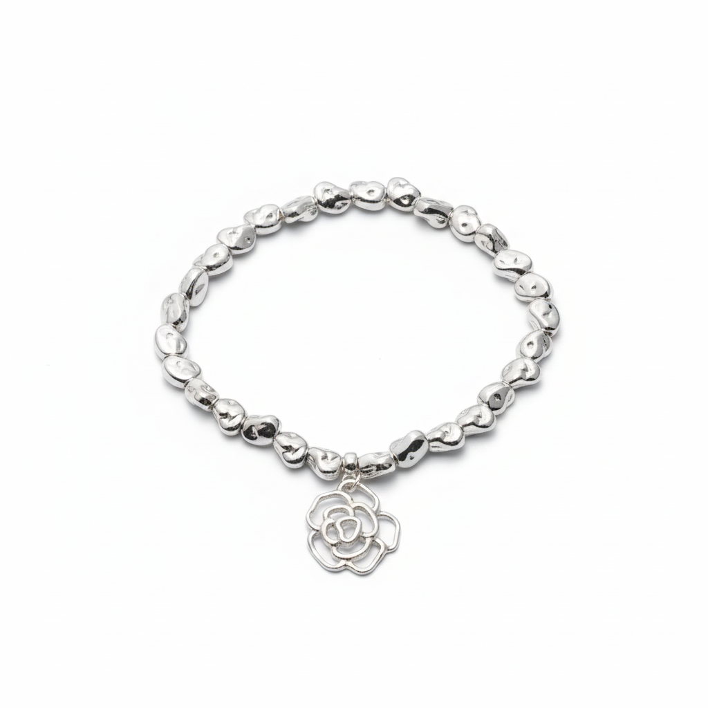 Rose Charm Nugget Bracelet in Silver Plate