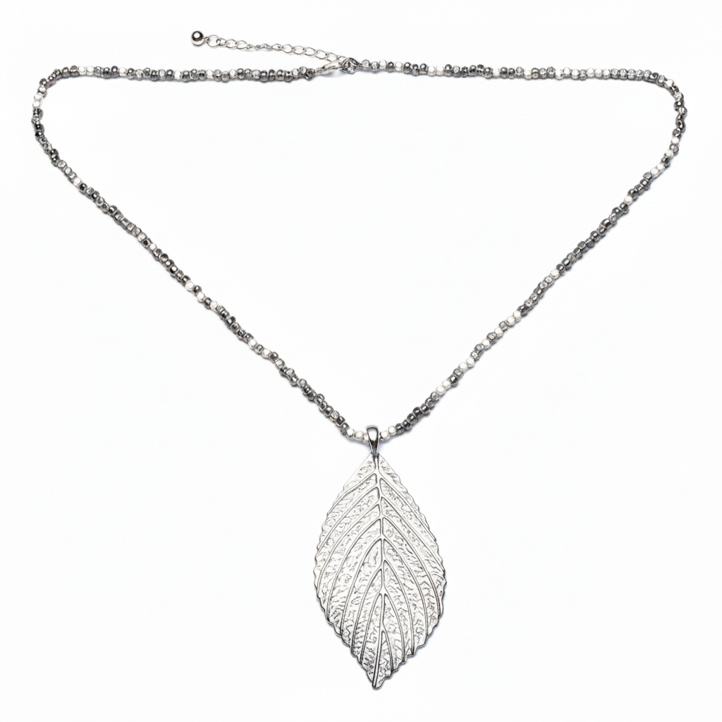 Leaf Necklace On Cube Chain In Silver Plate