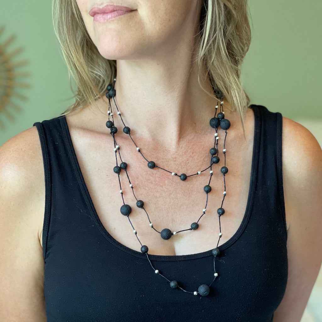 Triple Strand Lava Stone Necklace in Silver Plate