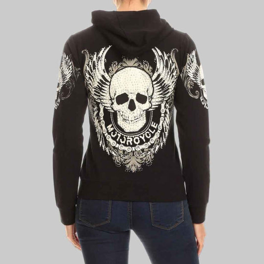 Women's Motorcycle Zip Up Hoodie with Rhinestone Skull & Wings