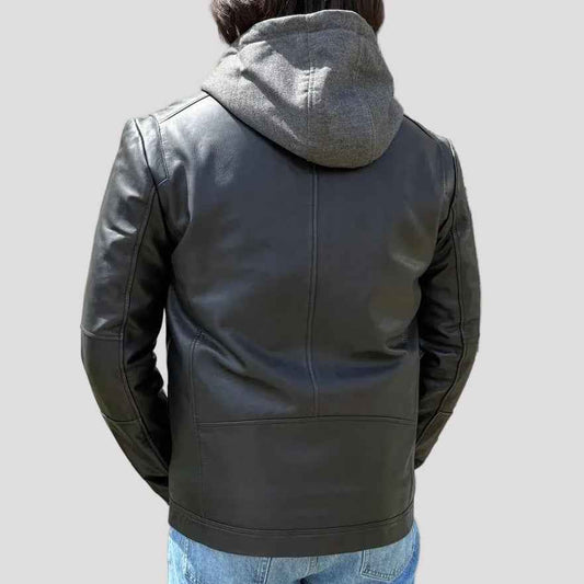 Men's Lamb Leather Hoodie Jacket with Detachable Hood