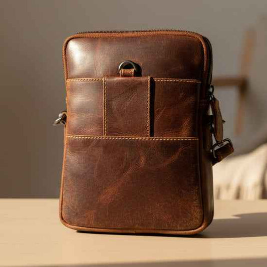 Greenwood Leather Mini Crossbody Bag. Premium 3-Zipper Travel Organizer