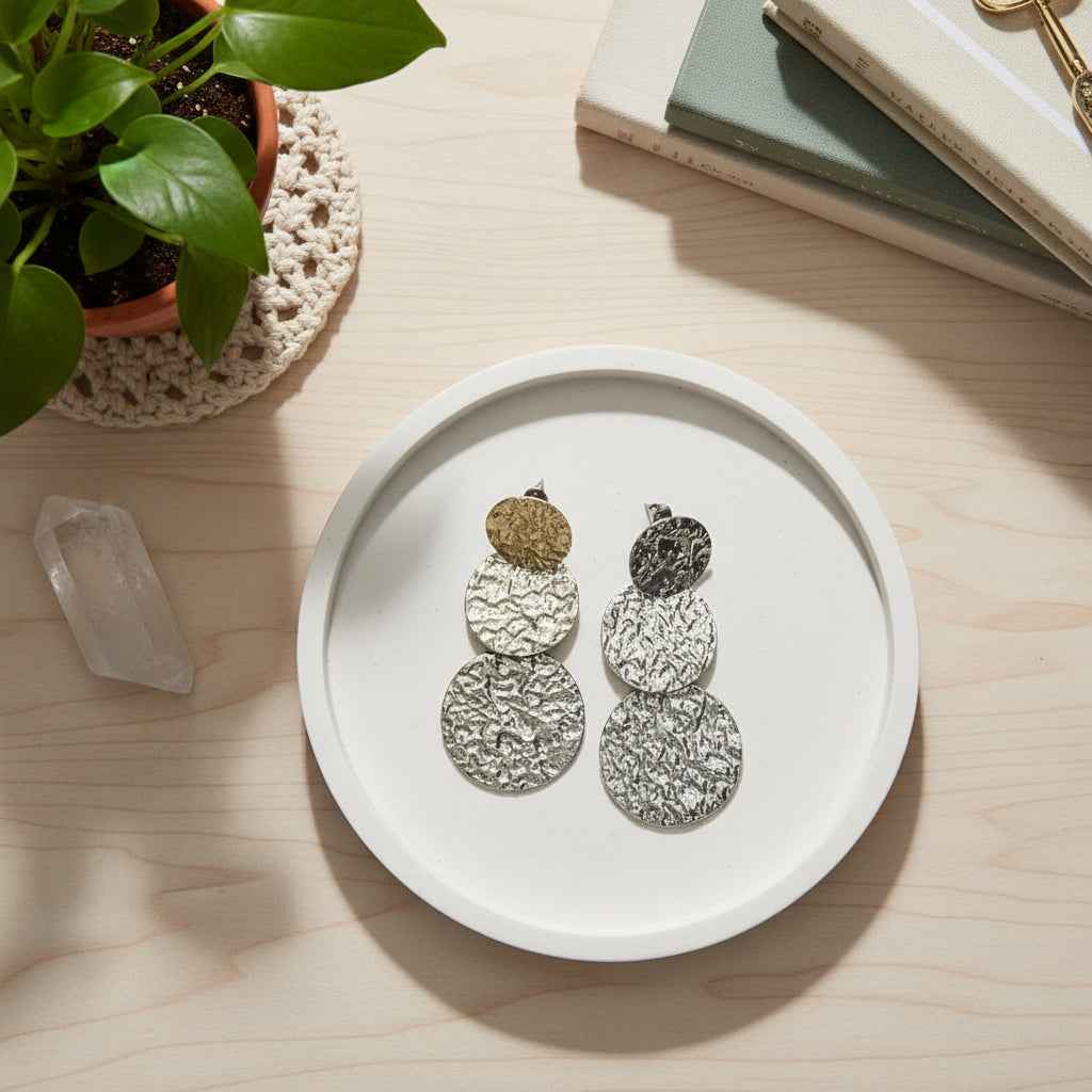 Triple Disc Beaten Earring - Grey Stainless Steel