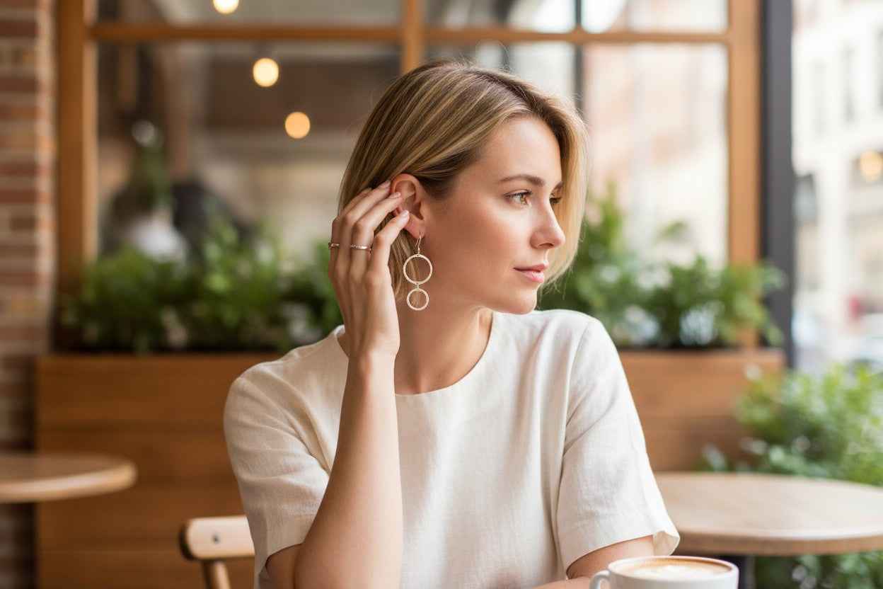 Double Hoop Metal Earrings - Silver Colour