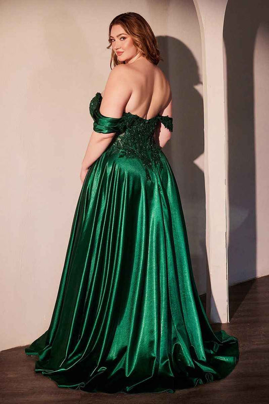 OFF THE SHOULDER LACE & SATIN A-LINE DRESS
