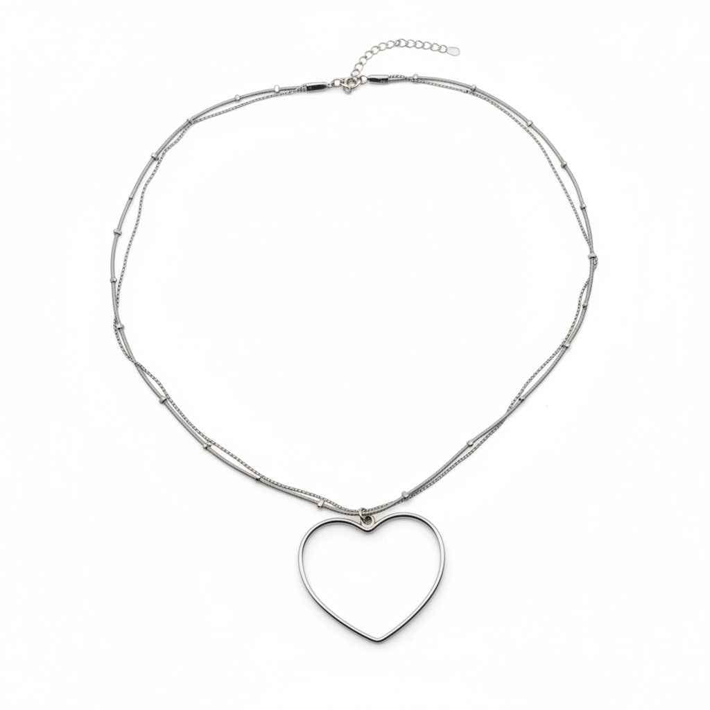 Simple Open Heart Necklace In Silver Plate