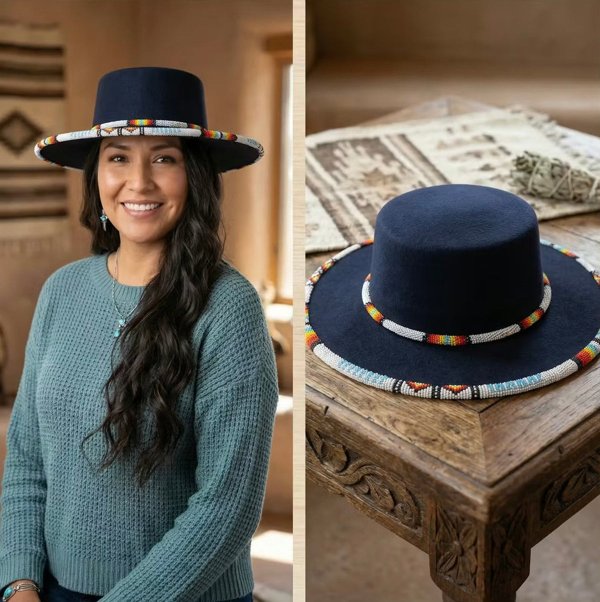 Size-60 Beaded Flat-Brim Felt Hats