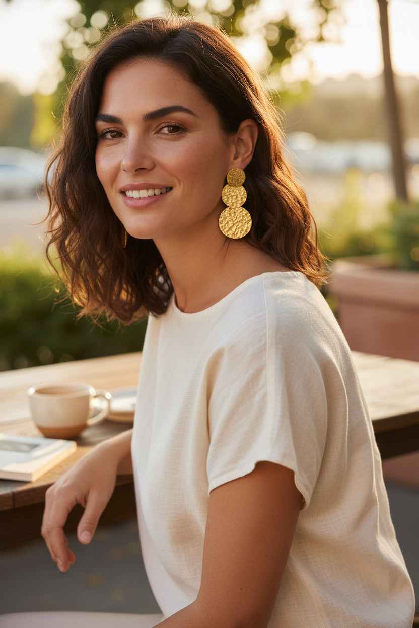 Triple Disc Beaten Earring - Gold Stainless Steel
