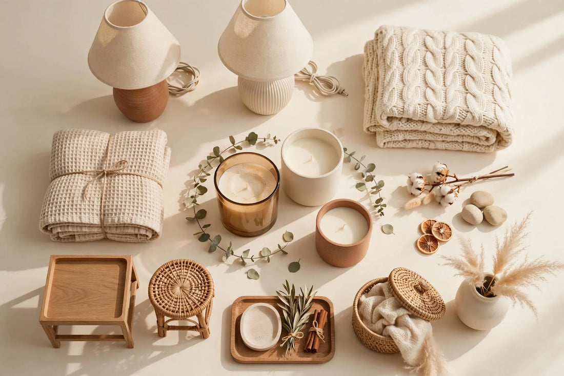 Cozy home gift ideas flat-lay with warm lamps and accent furniture on a cream background
