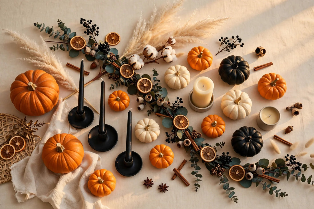 Flat-lay of autumn home decor in deep orange, black, and cream tones in golden late-afternoon light