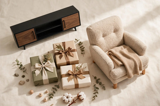Late-morning gift finds for him — TV stand, recliner and gift boxes on a warm cream background