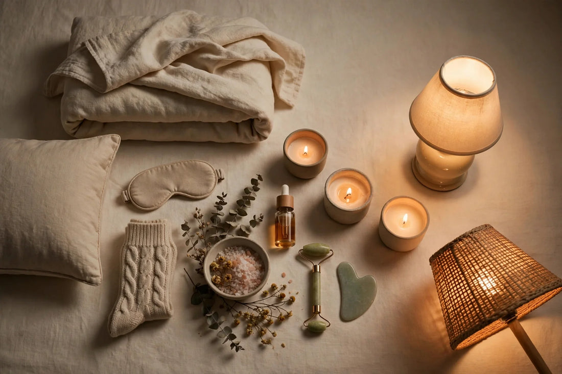 Cozy wind-down lighting flat-lay
