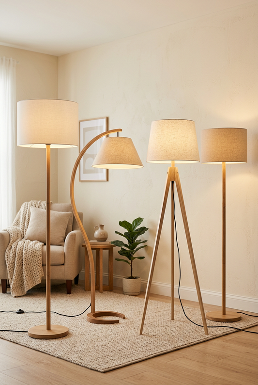 Modern floor lamps with linen shades in a warm cream living room