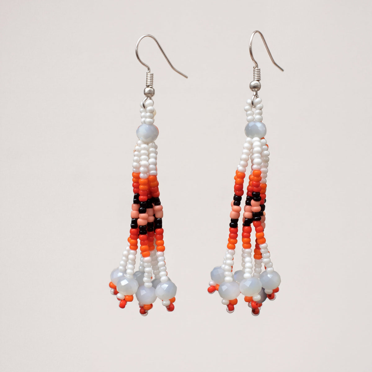 White Six-Strand Beaded Cascade Earrings