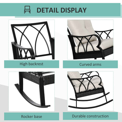 Khaki Outdoor Wicker Rocking Chair – Rattan Porch Rocker with Cushions & Aluminum Frame