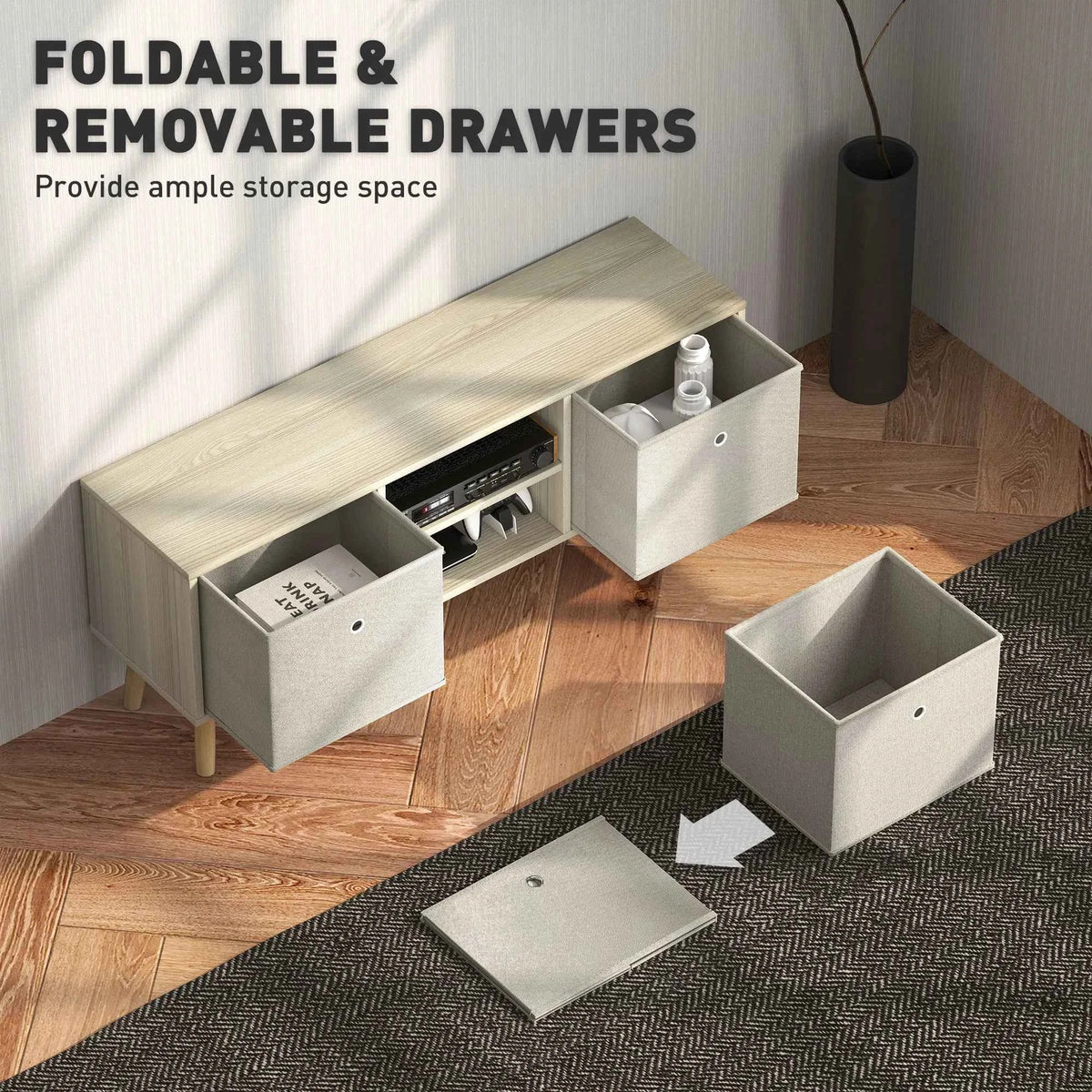Natural Modern TV Stand Cabinet – Media Console with Foldable Drawers & Storage Shelves (United States & Canada Delivery Only)