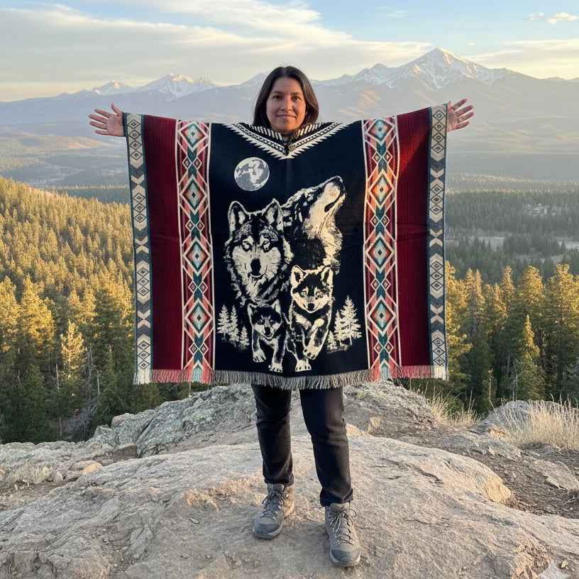 Wolf w/puppy wolf HandMade Wool Poncho