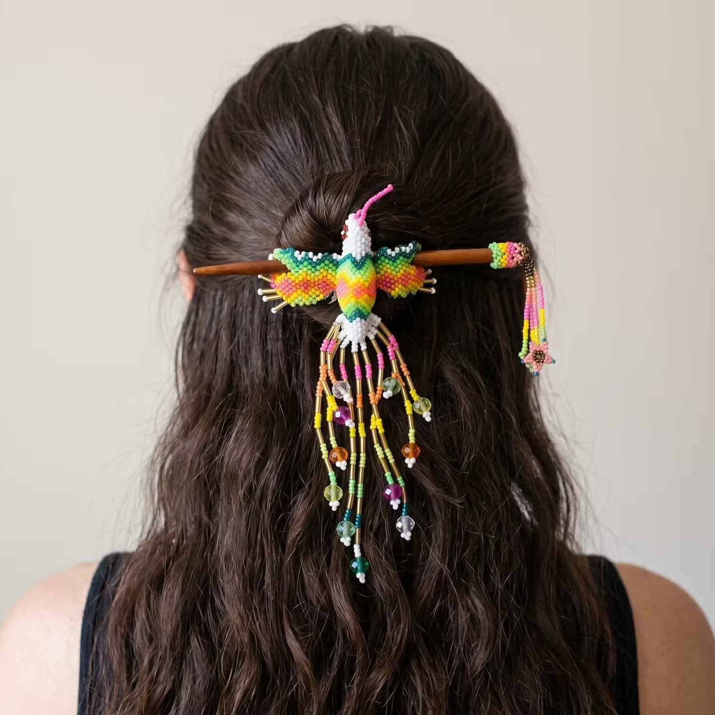 White Hummingbird Beaded Hair Stick