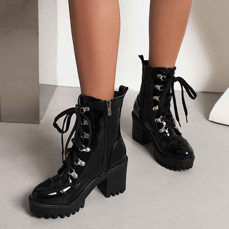 Women's Mid-Calf Patent Leather Boots – High Heel Riding Style Fashion Footwear