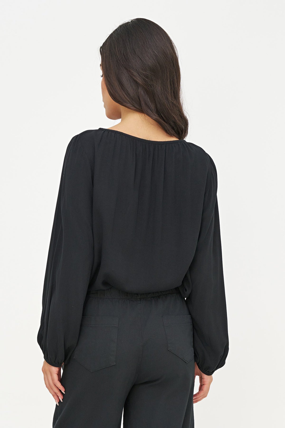 Women's Woven Boat-Neck Top, with Long Sleeves & Gathers At The Collar